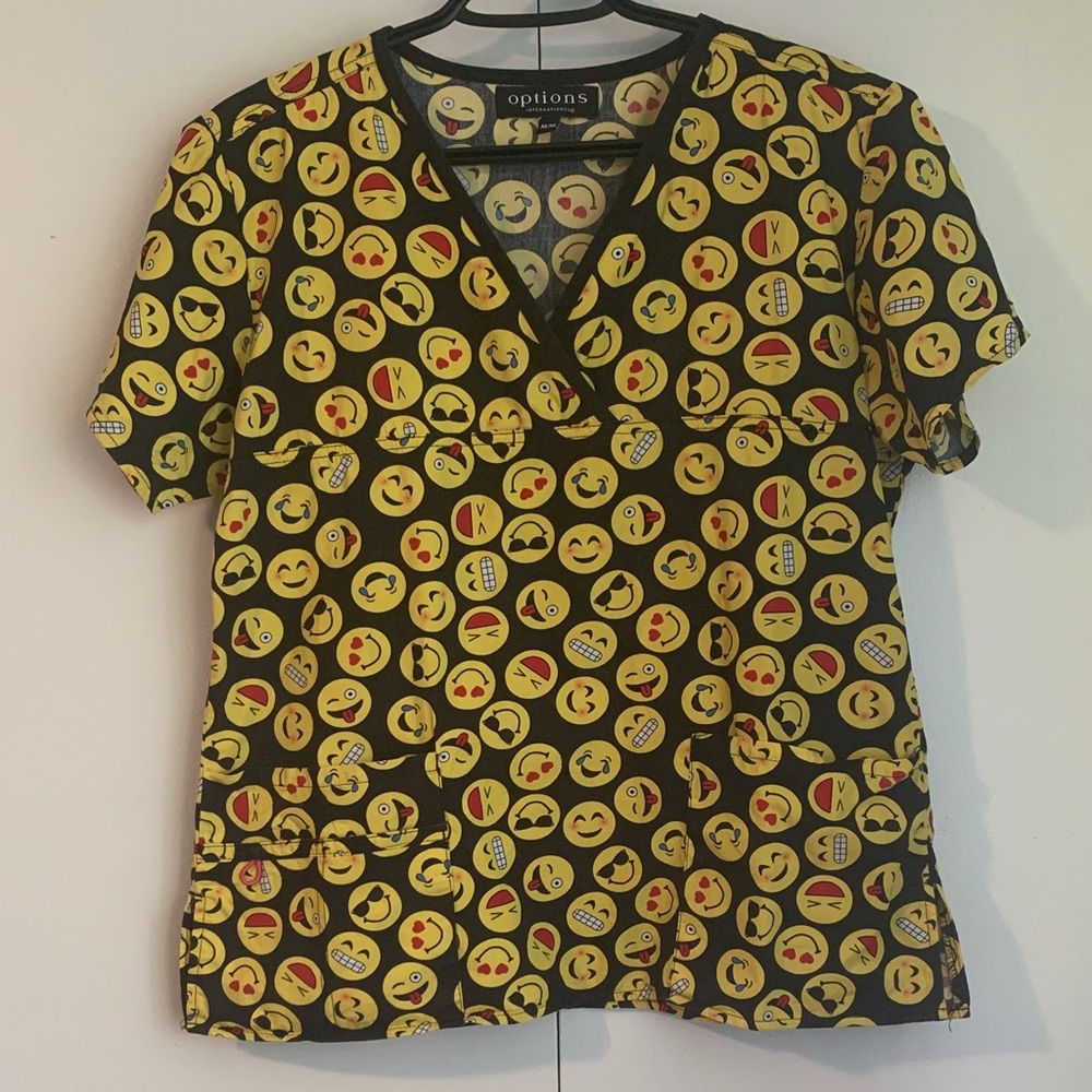 Options International Black & Yellow Cotton Emoji Scrub Top Size Medium